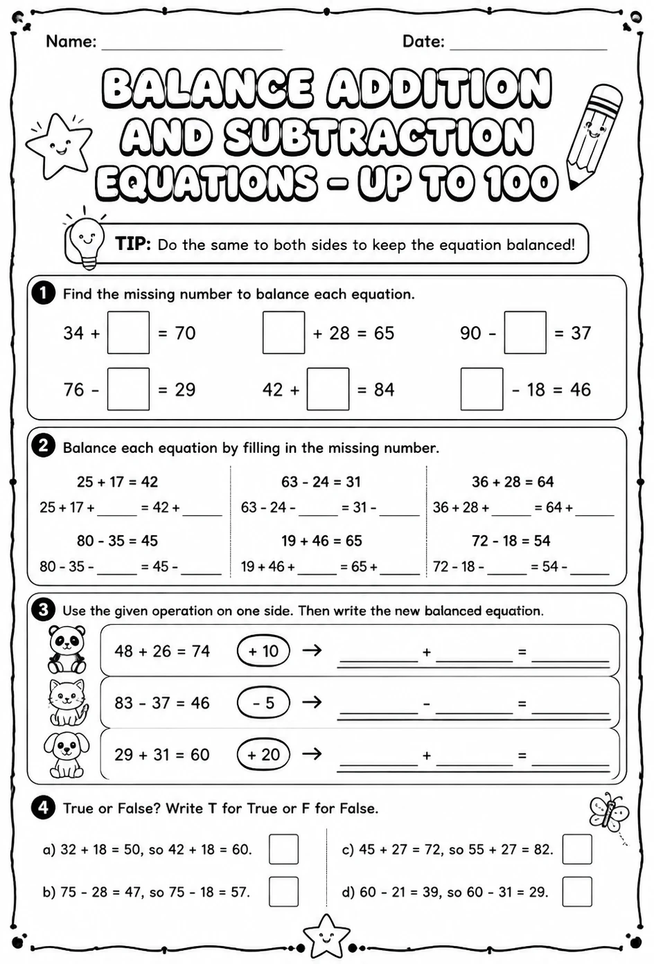 Balance addition and subtraction equations - up to 100