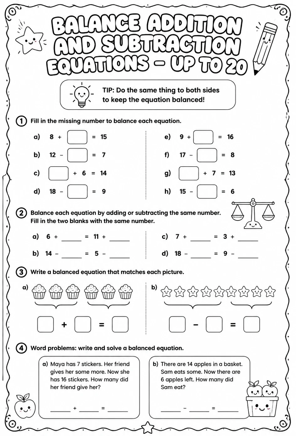 Balance addition and subtraction equations - up to 20