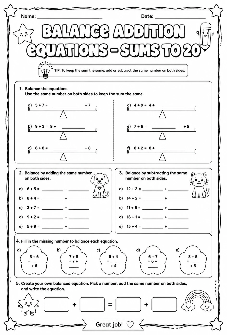 Balance addition equations - sums to 20