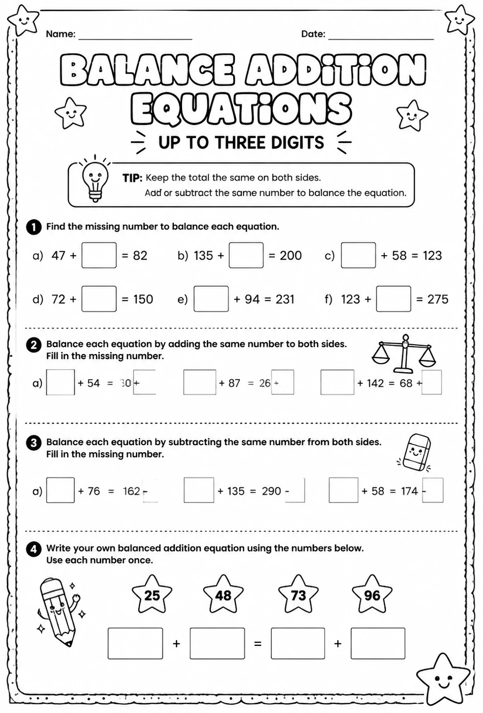 Balance addition equations - up to three digits