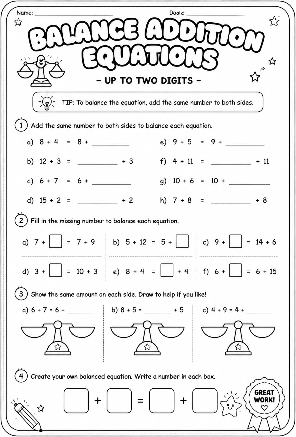 Balance addition equations - up to two digits