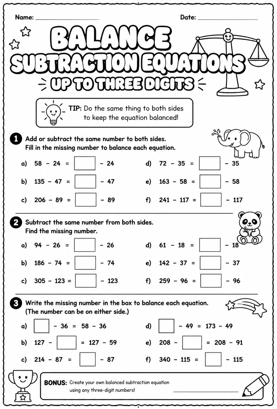 Balance subtraction equations - up to three digits