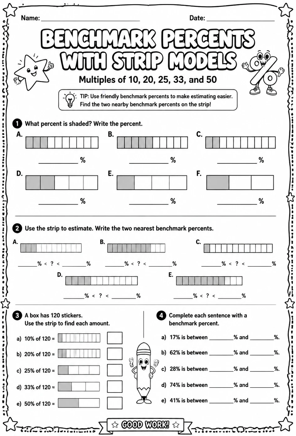 Benchmark percents with strip models: multiples of 10, 20, 25, 33, and 50