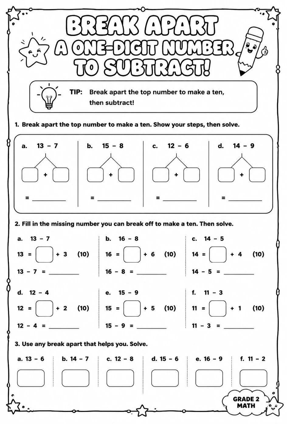 Break apart a one-digit number to subtract