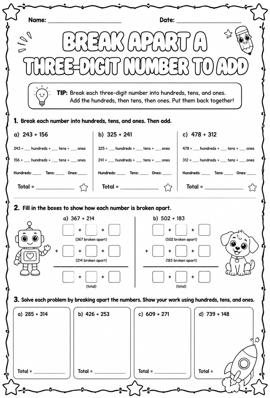 Break apart a three-digit number to add