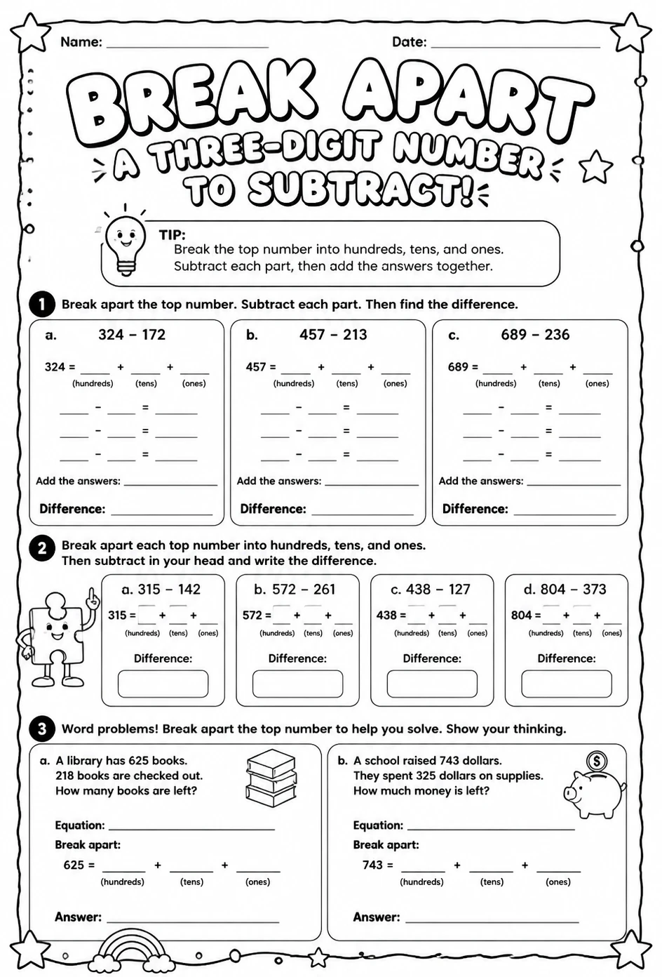 Break apart a three-digit number to subtract
