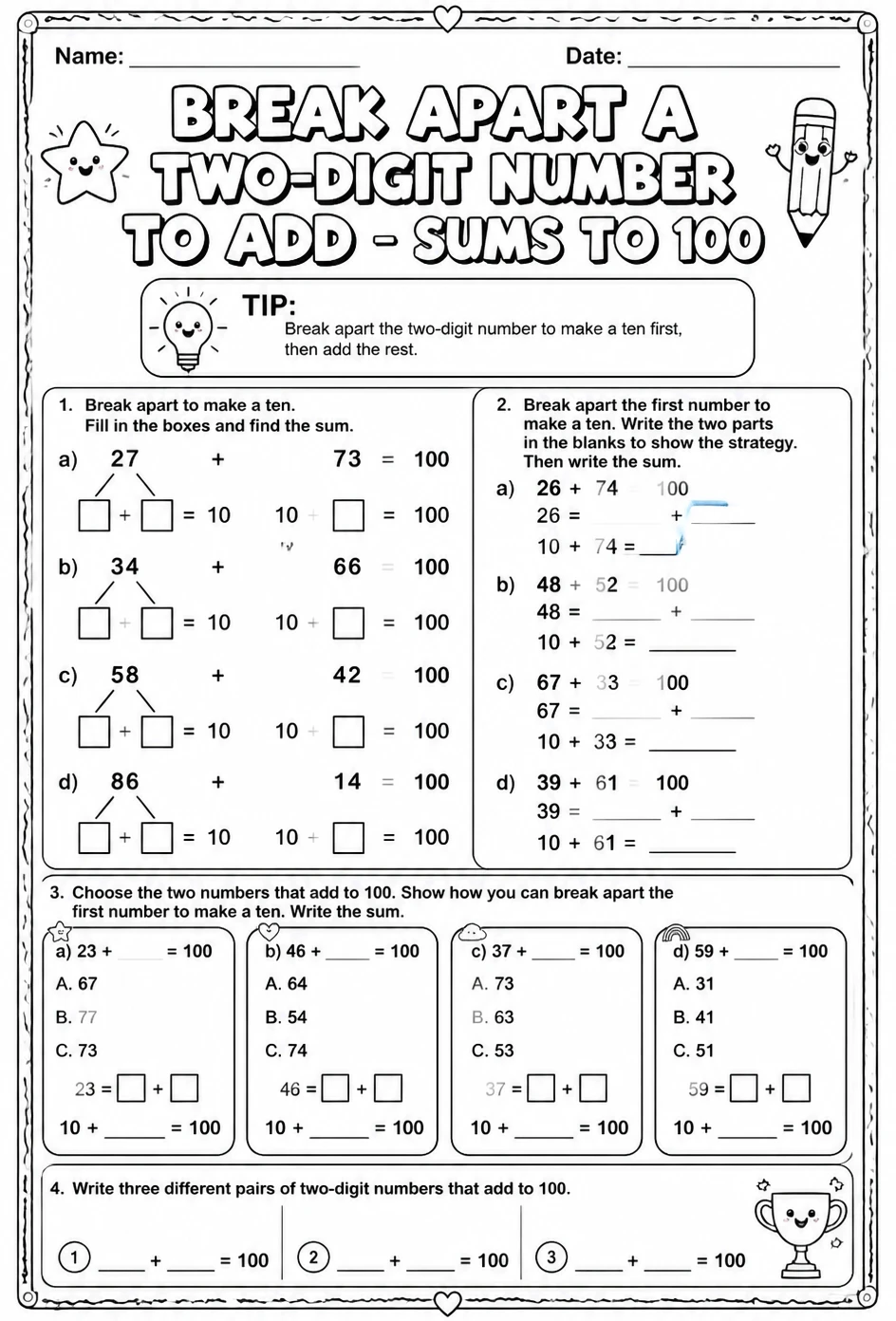 Break apart a two-digit number to add - sums to 100