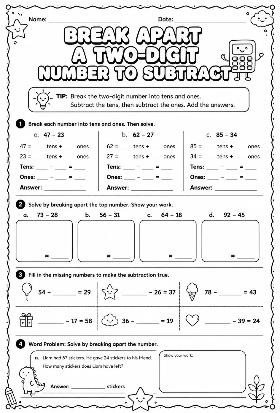 Break apart a two-digit number to subtract