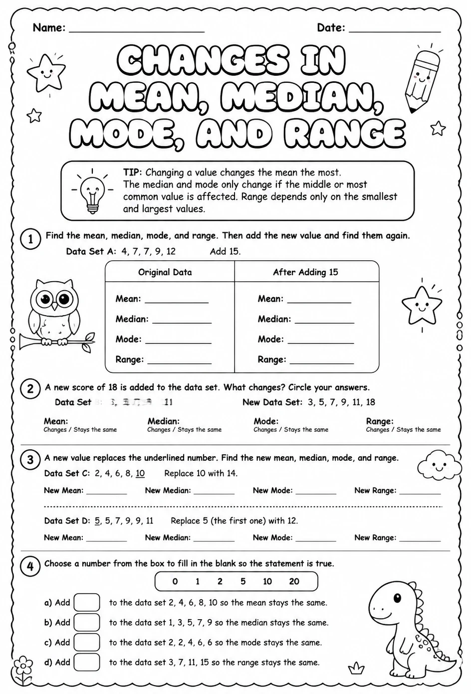 Changes in mean, median, mode, and range