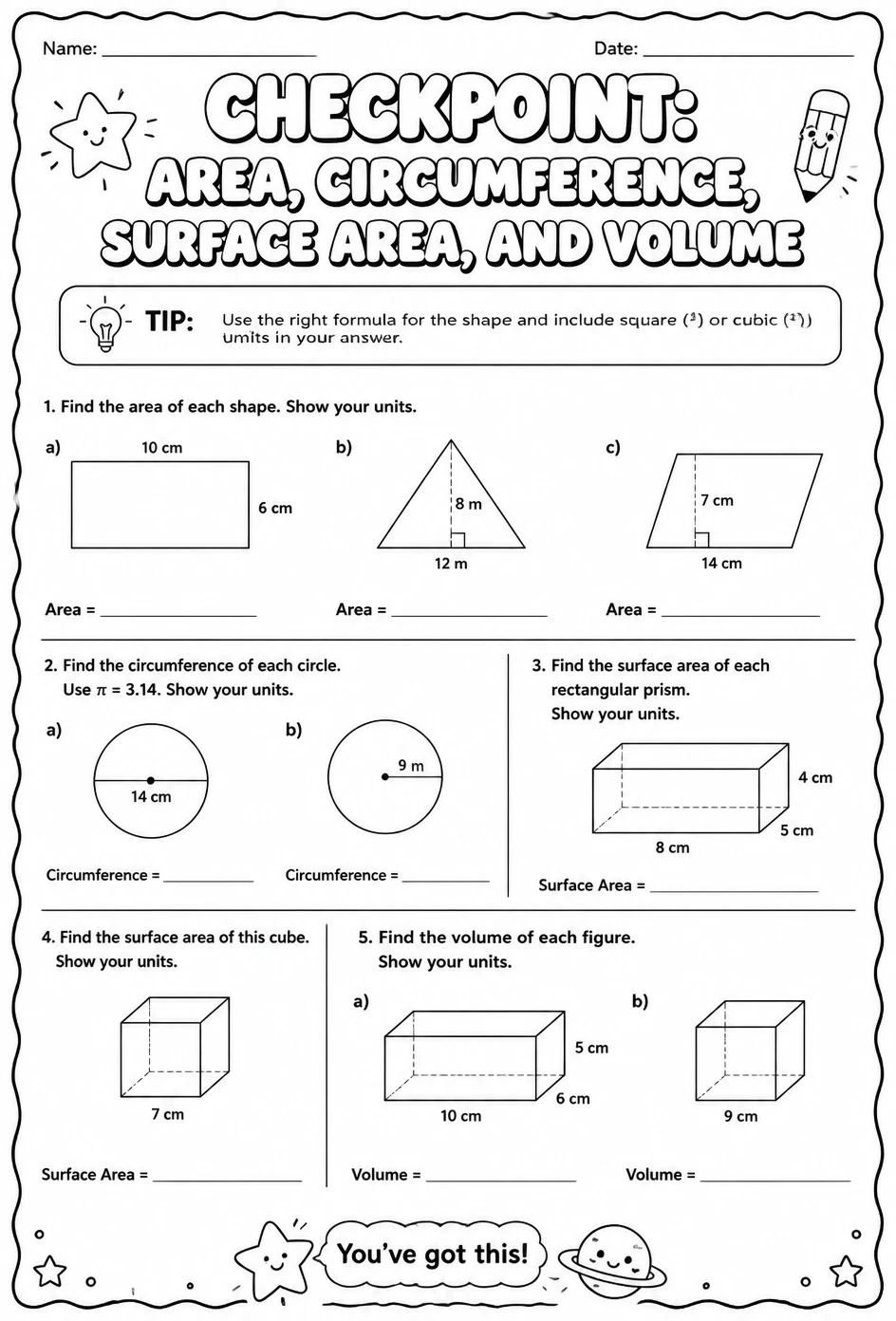 Checkpoint: Area, circumference, surface area, and volume