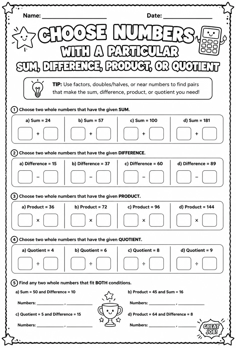 Choose numbers with a particular sum, difference, product, or quotient