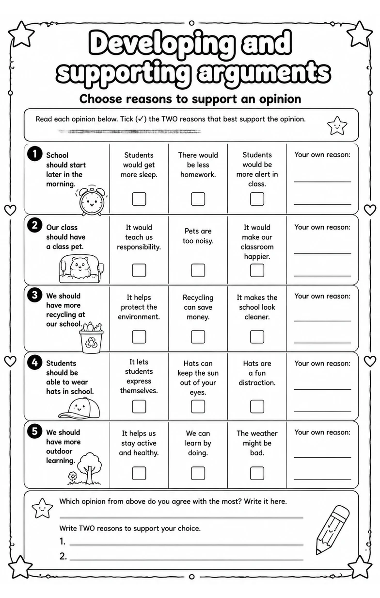 Choose reasons to support an opinion