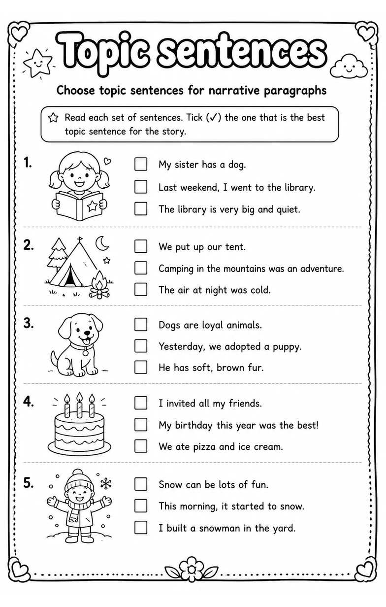 Choose topic sentences for narrative paragraphs