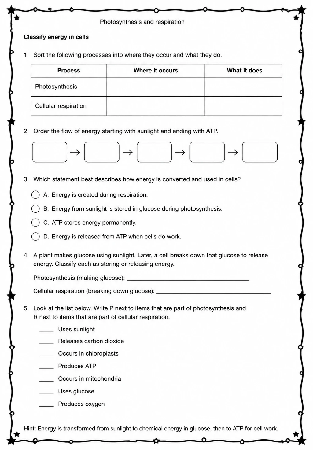 Classify energy in cells