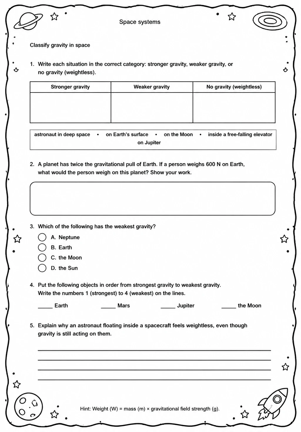 Classify gravity in space