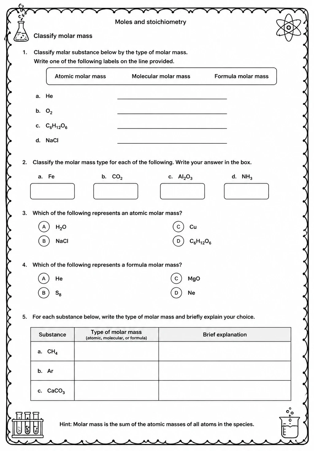 Classify molar mass