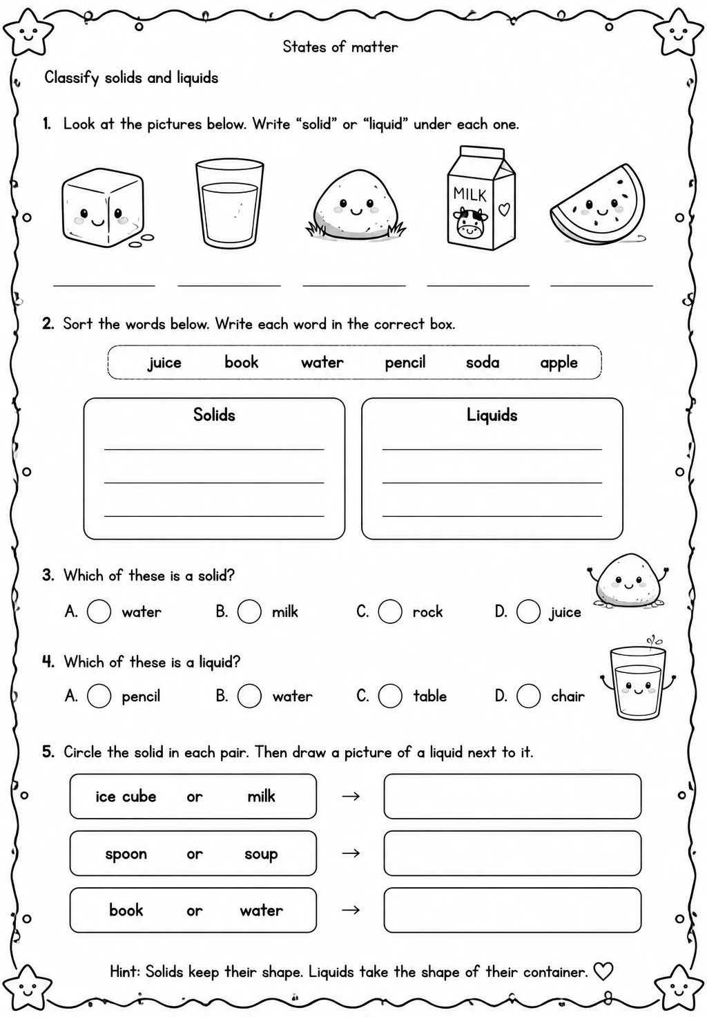 Classify solids and liquids