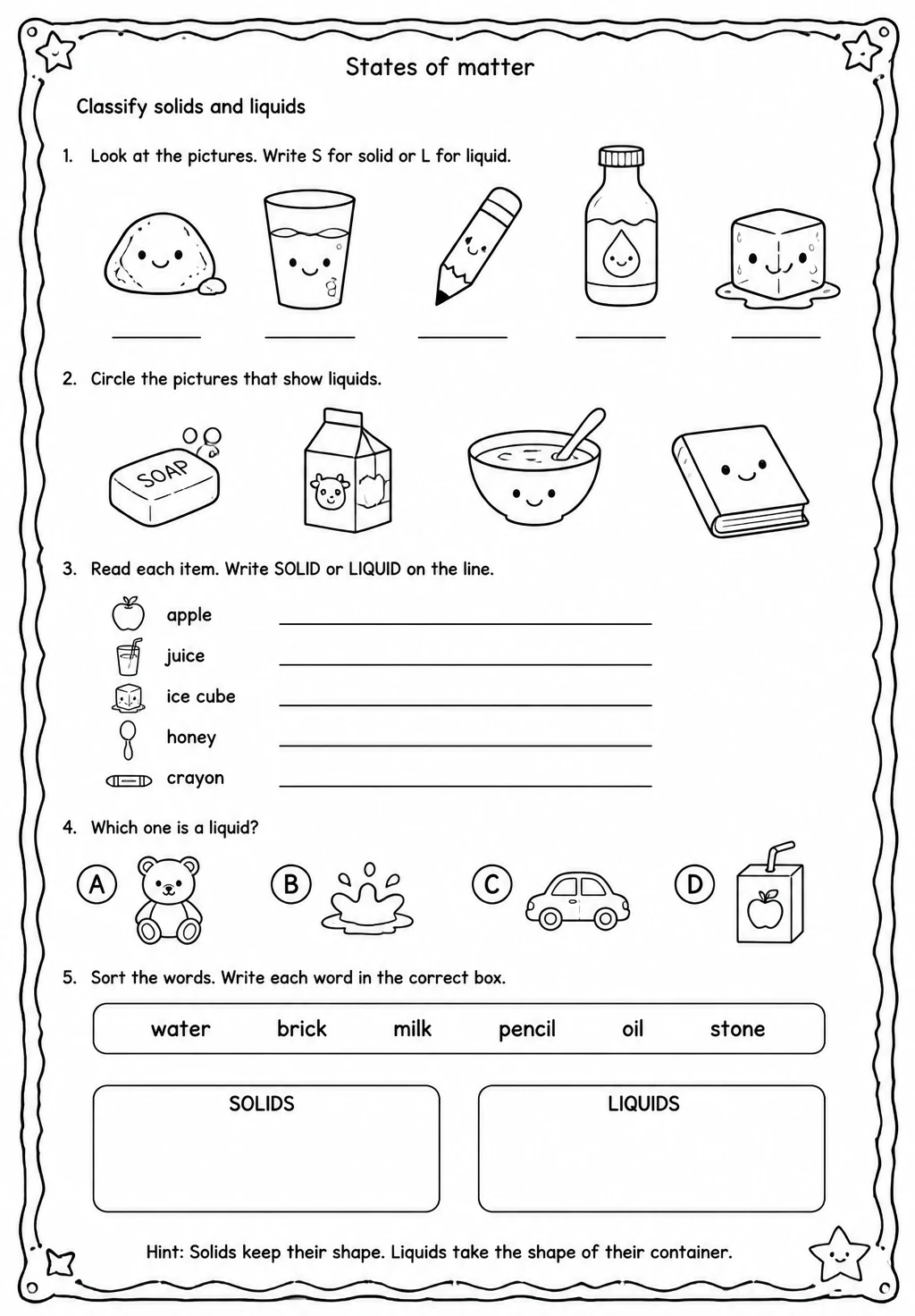 Classify solids and liquids