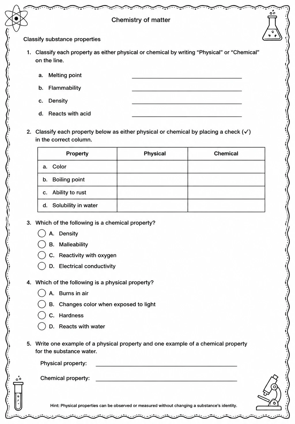 Classify substance properties