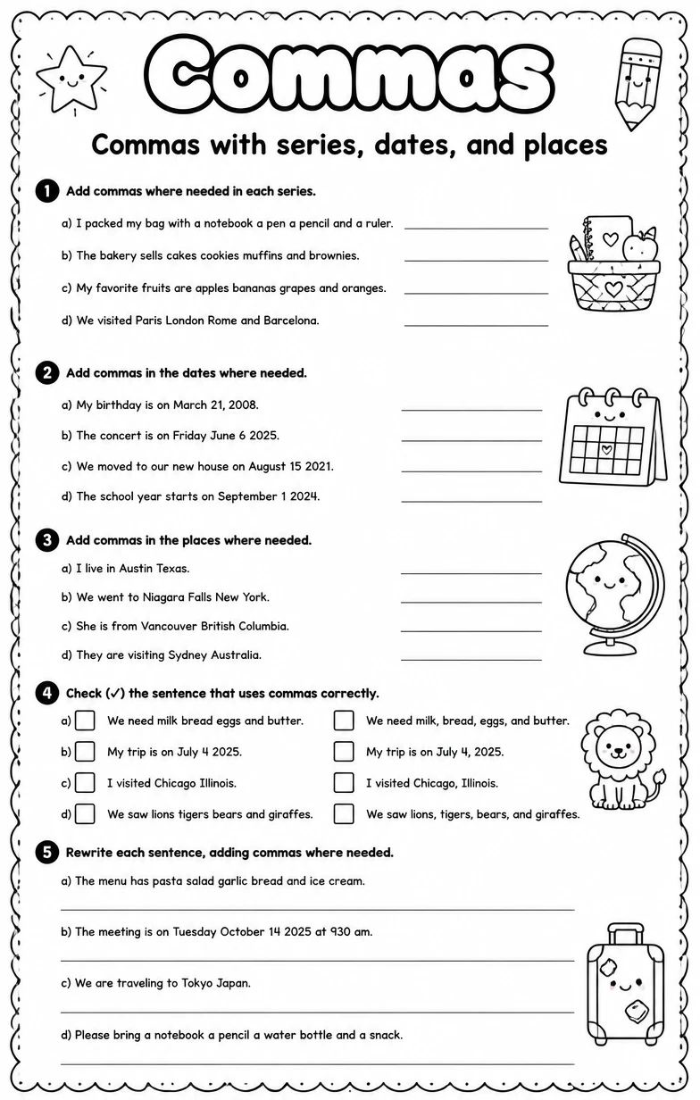 Commas with series, dates, and places