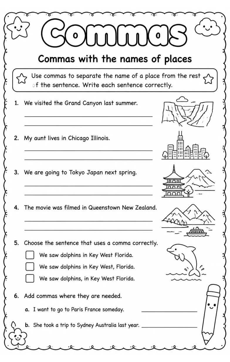 Commas with the names of places