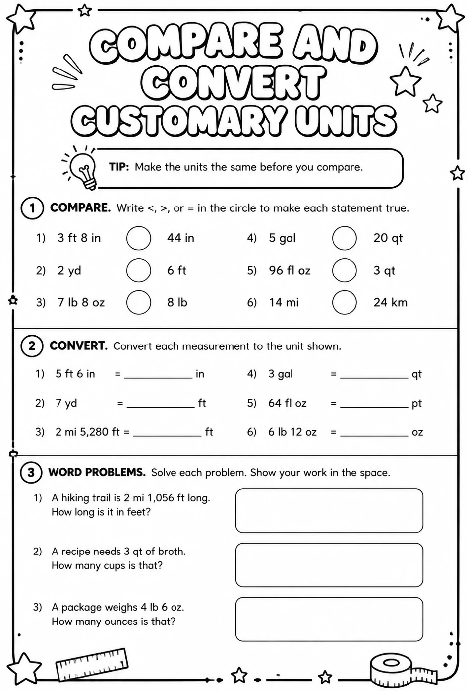 Compare and convert customary units