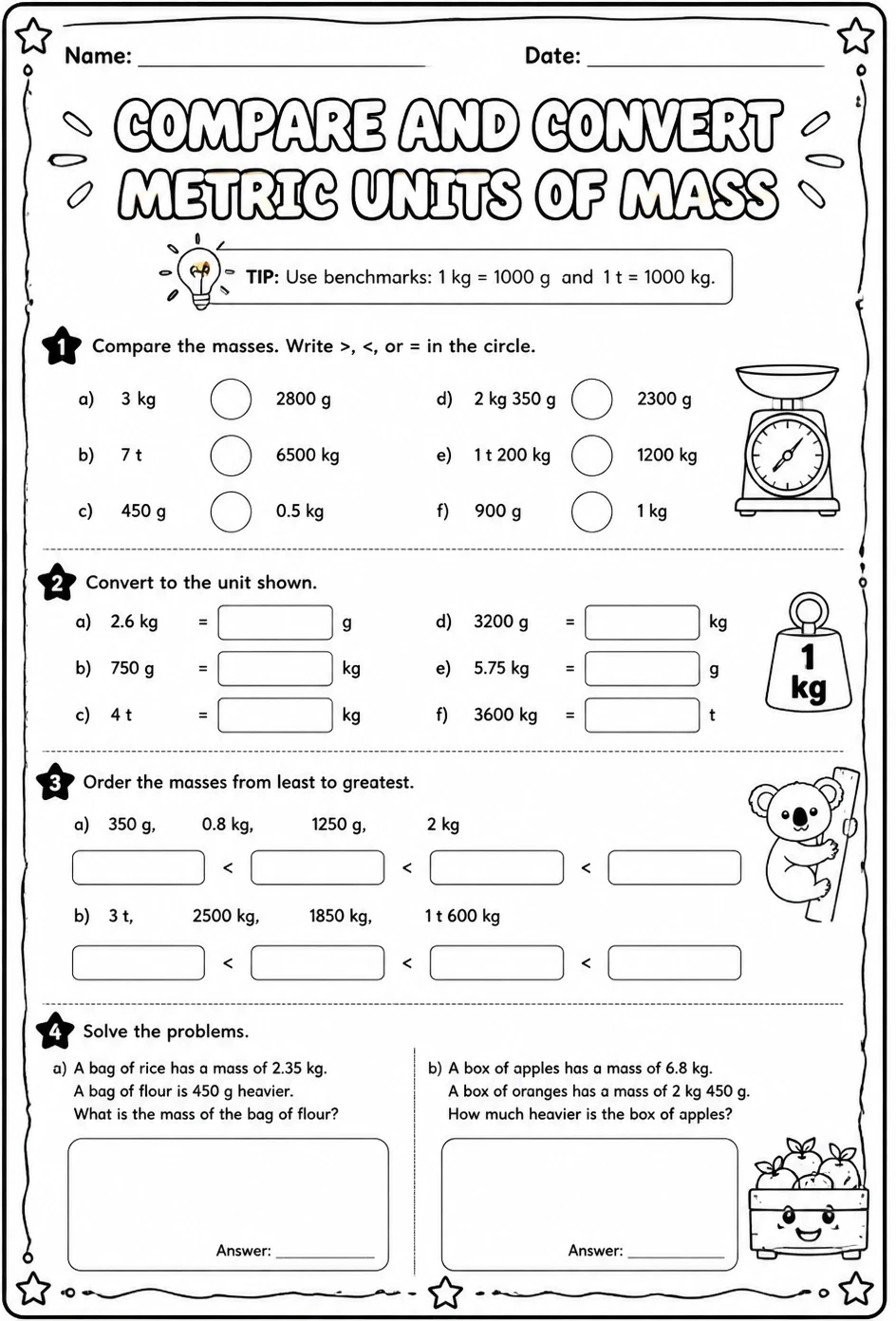 Compare and convert metric units of mass