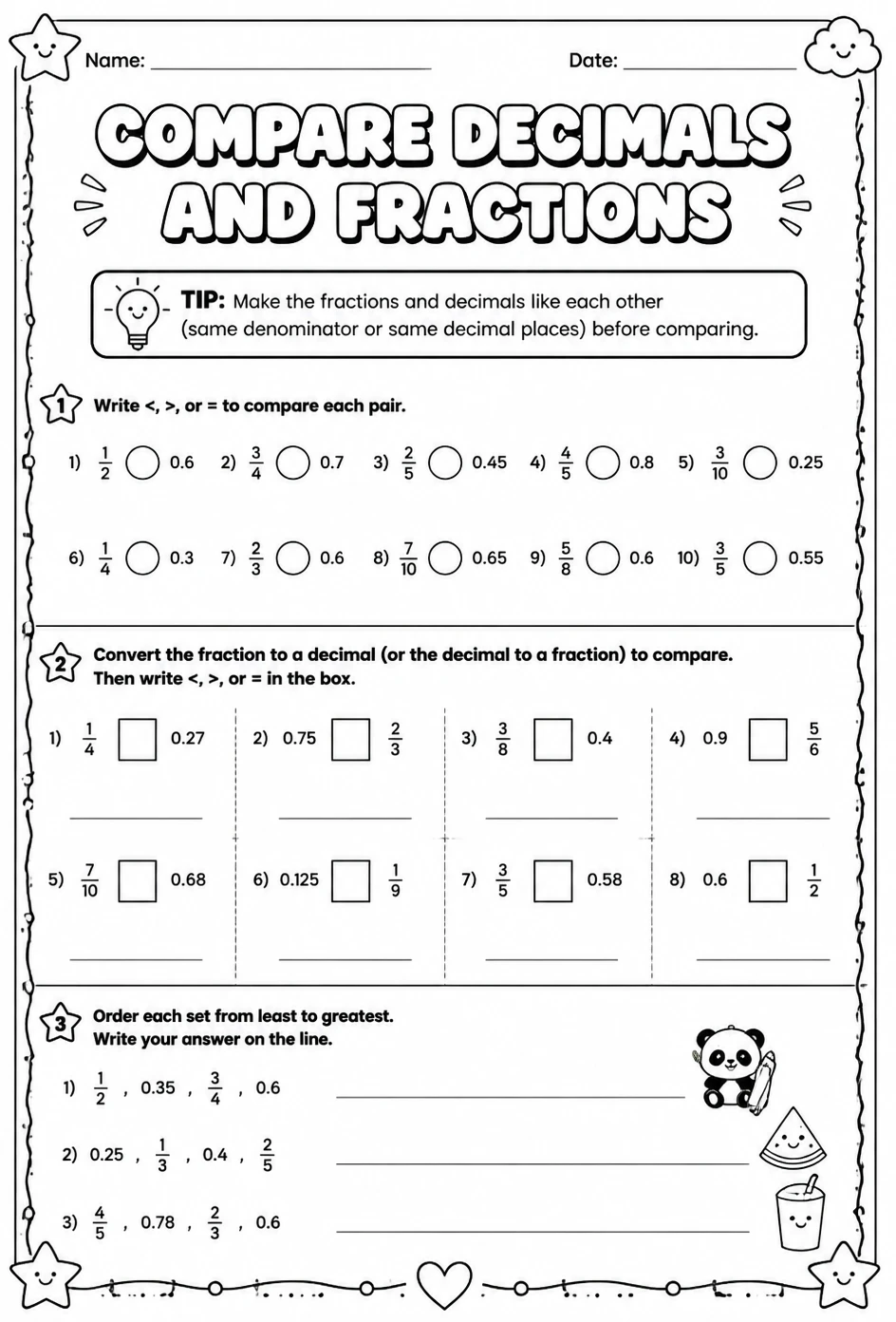 Compare decimals and fractions