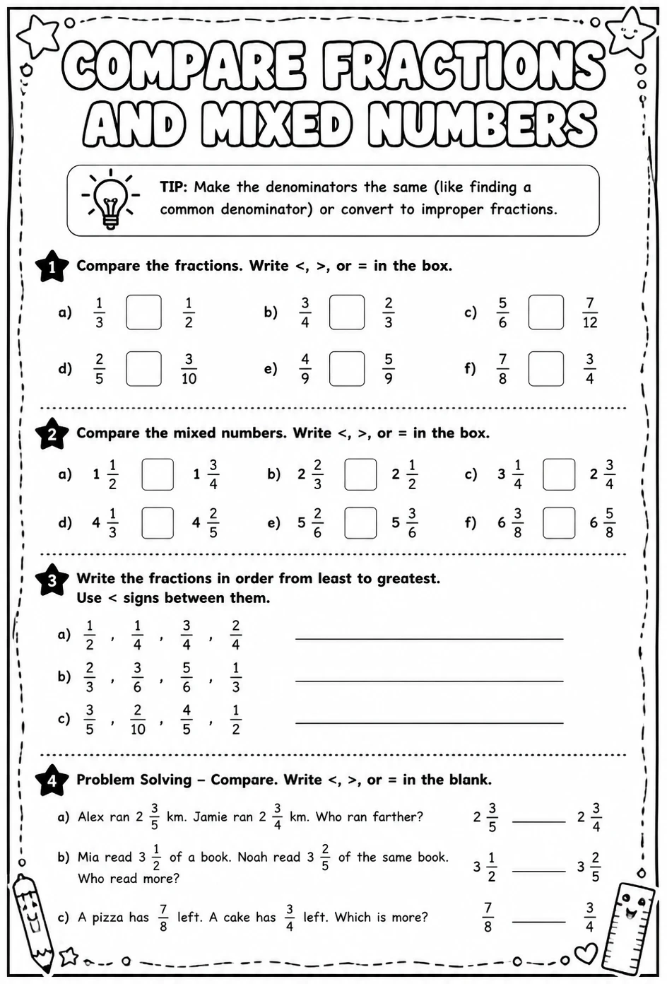Compare fractions and mixed numbers