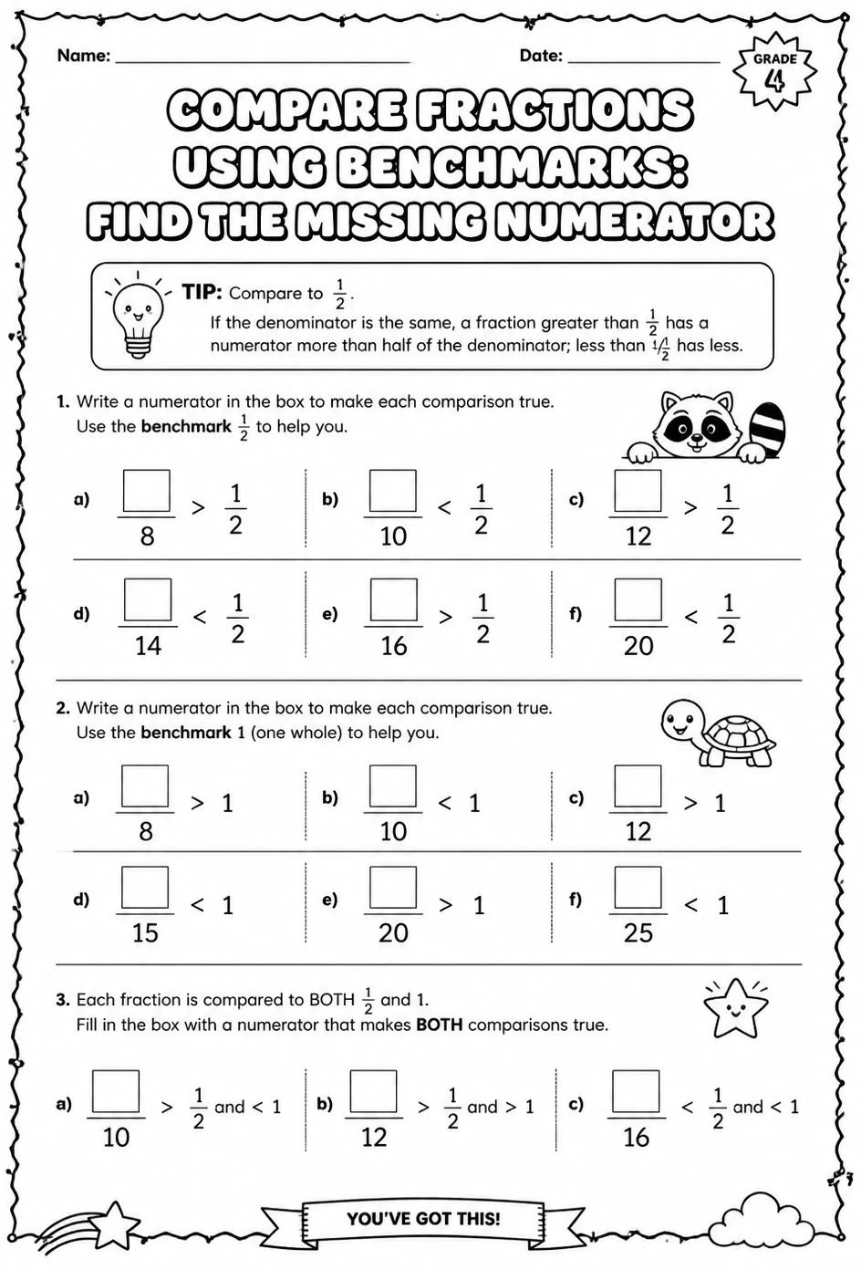 Compare fractions using benchmarks: find the missing numerator