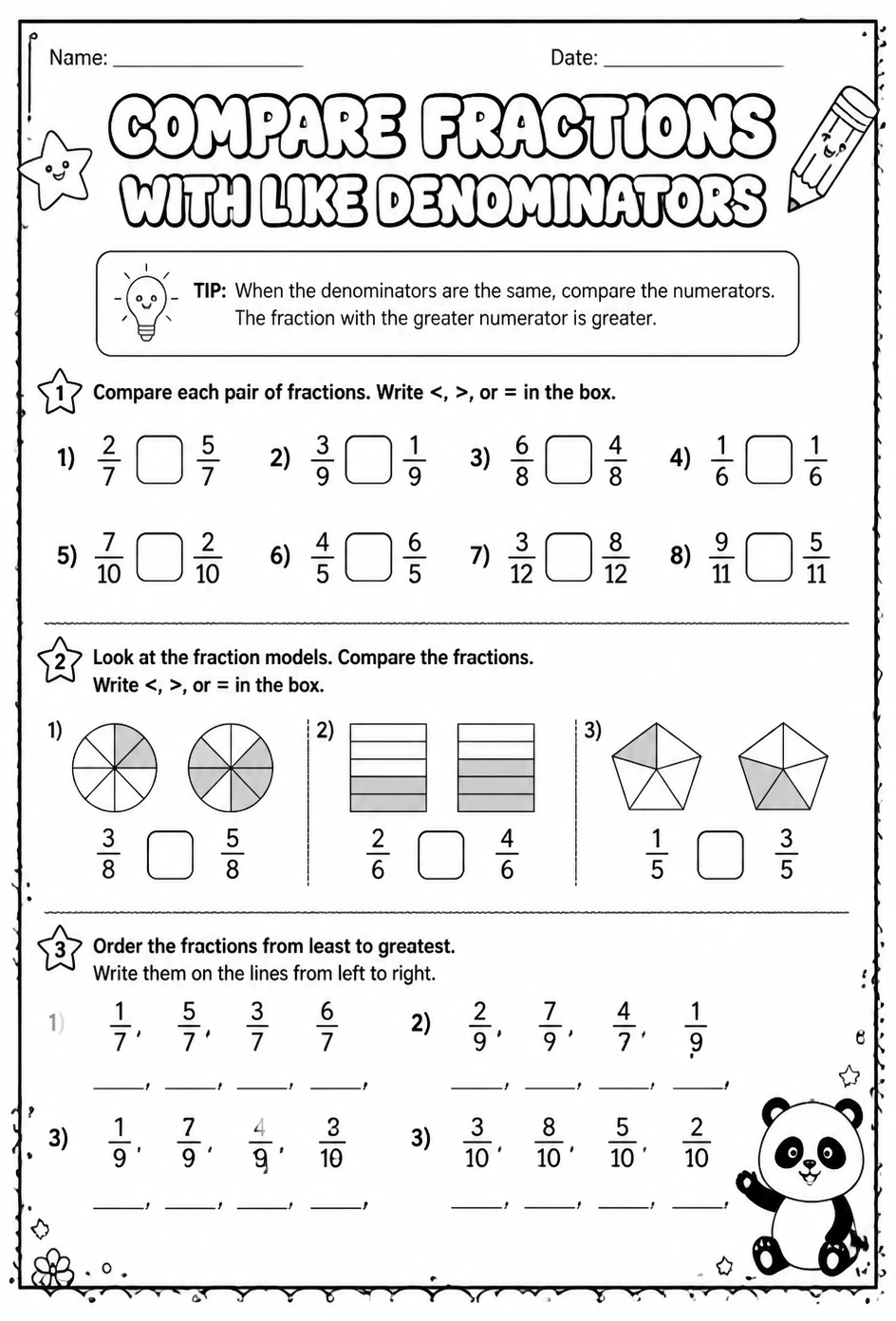 Compare fractions with like denominators