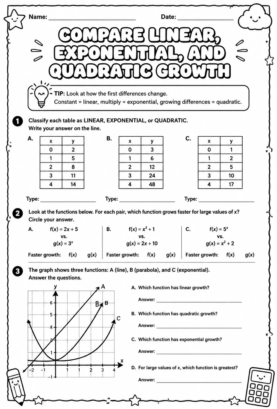 Compare linear, exponential, and quadratic growth