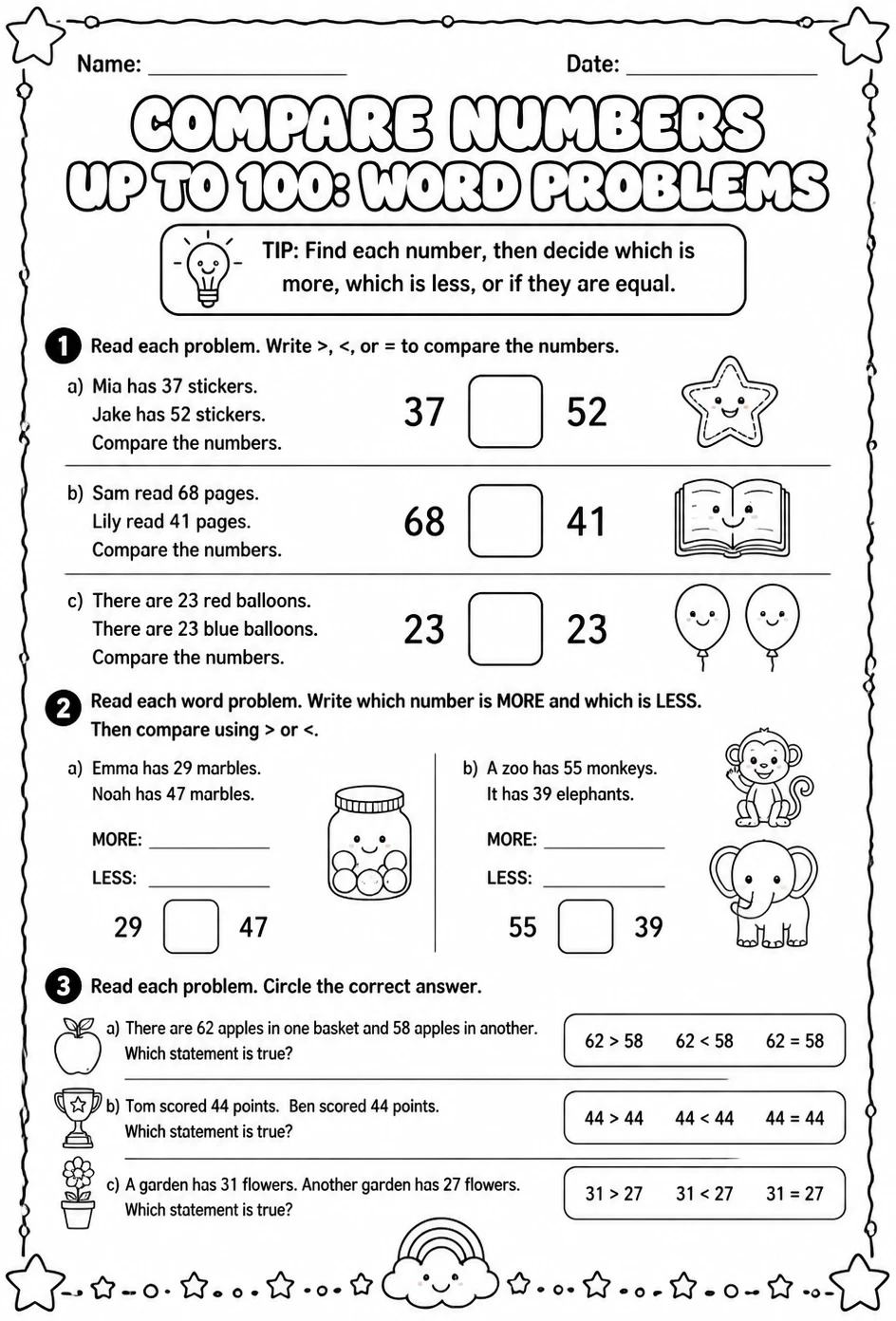 Compare numbers up to 100: word problems