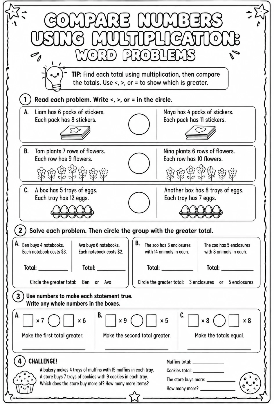 Compare numbers using multiplication: word problems