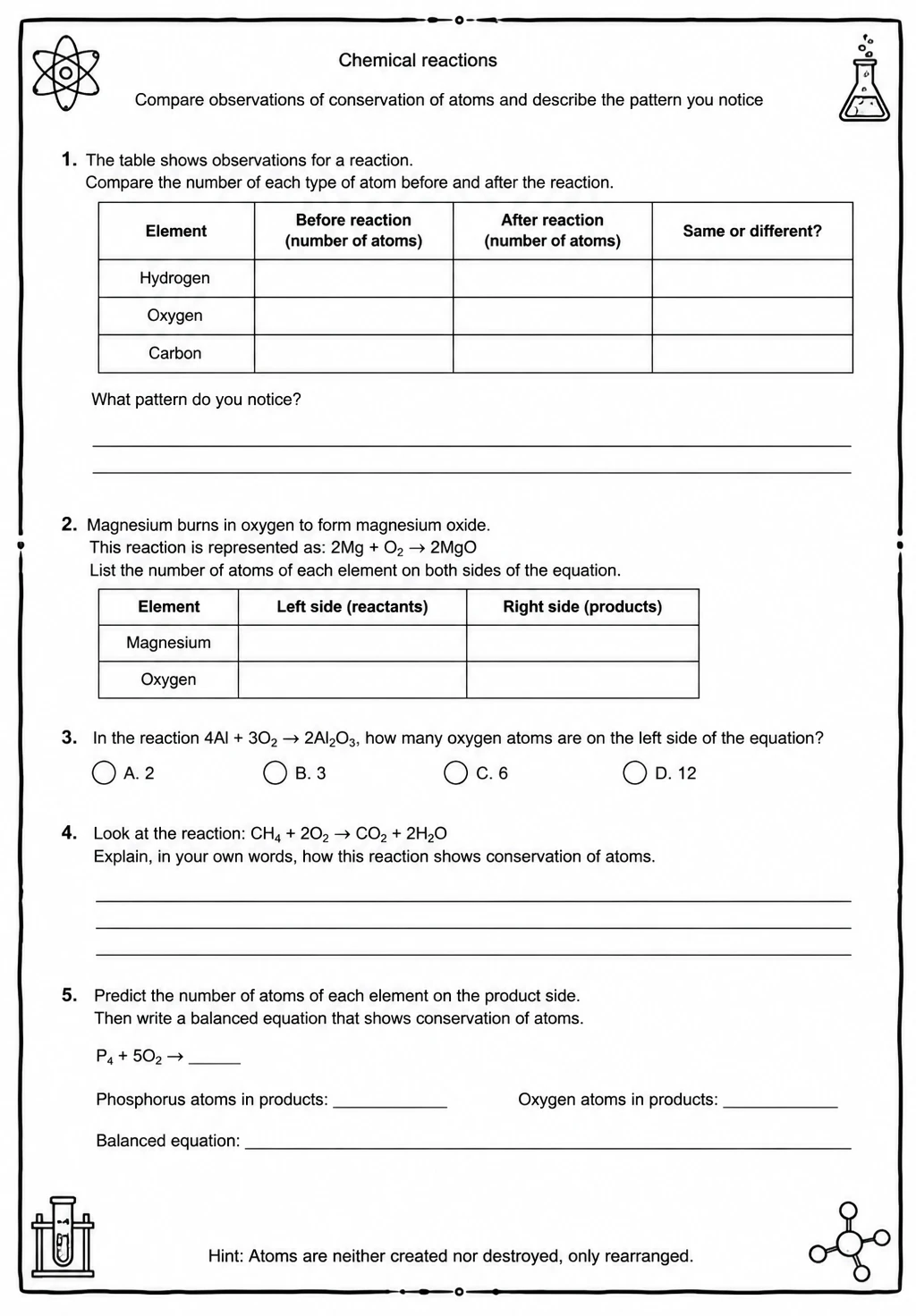 Compare observations of conservation of atoms and describe the pattern you notice