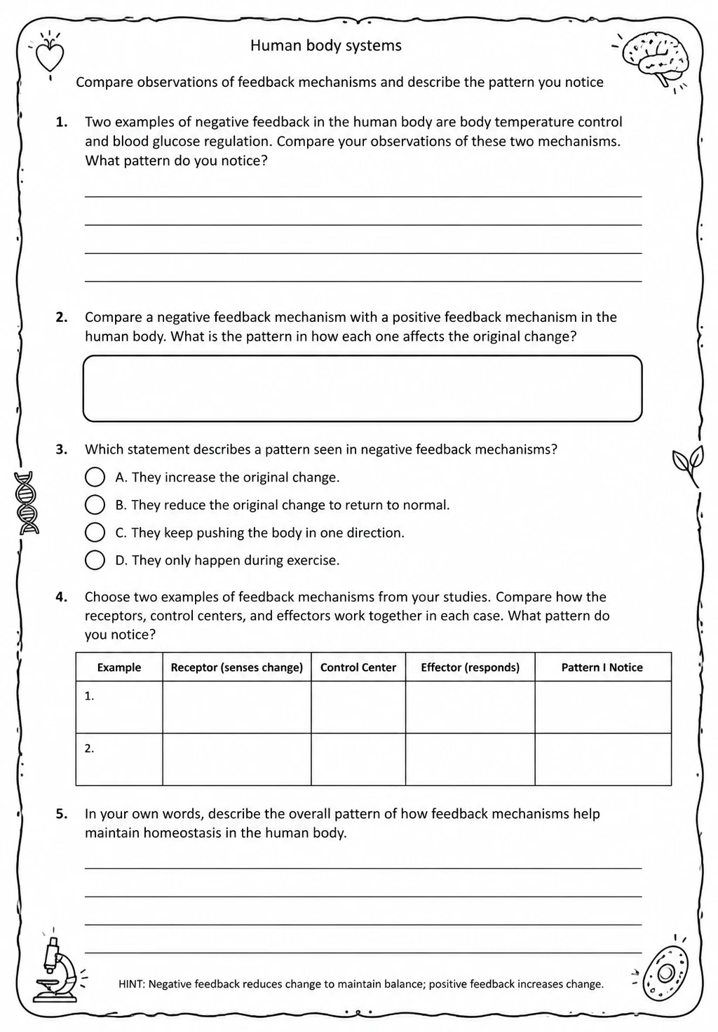 Compare observations of feedback mechanisms and describe the pattern you notice