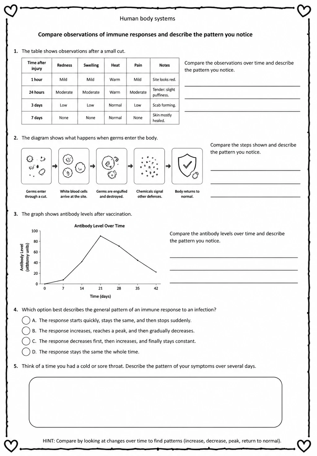 Compare observations of immune responses and describe the pattern you notice