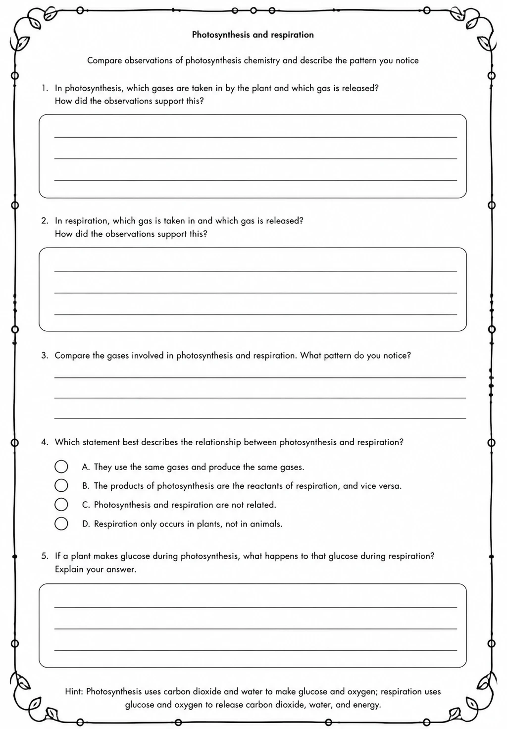 Compare observations of photosynthesis chemistry and describe the pattern you notice