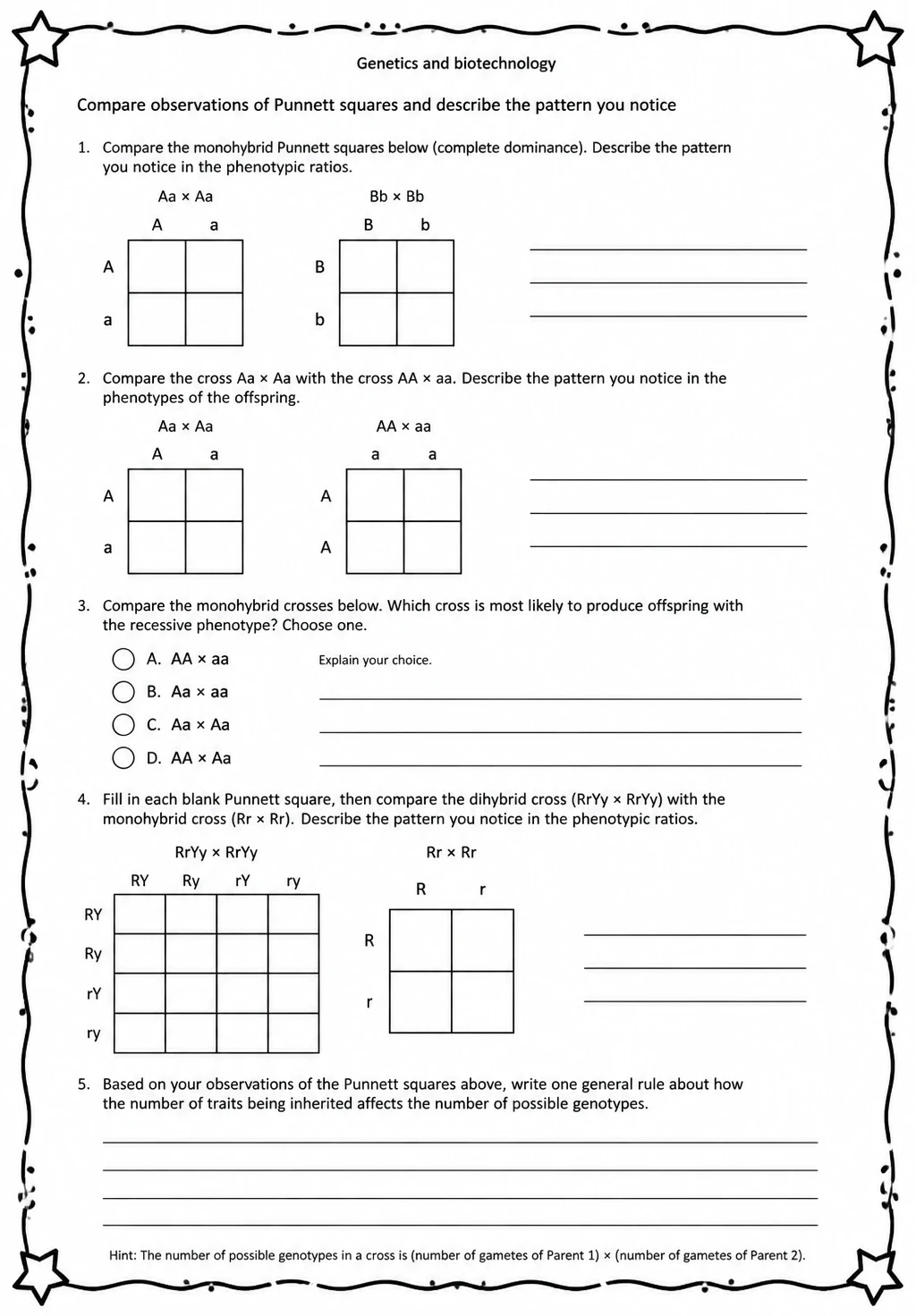 Compare observations of Punnett squares and describe the pattern you notice