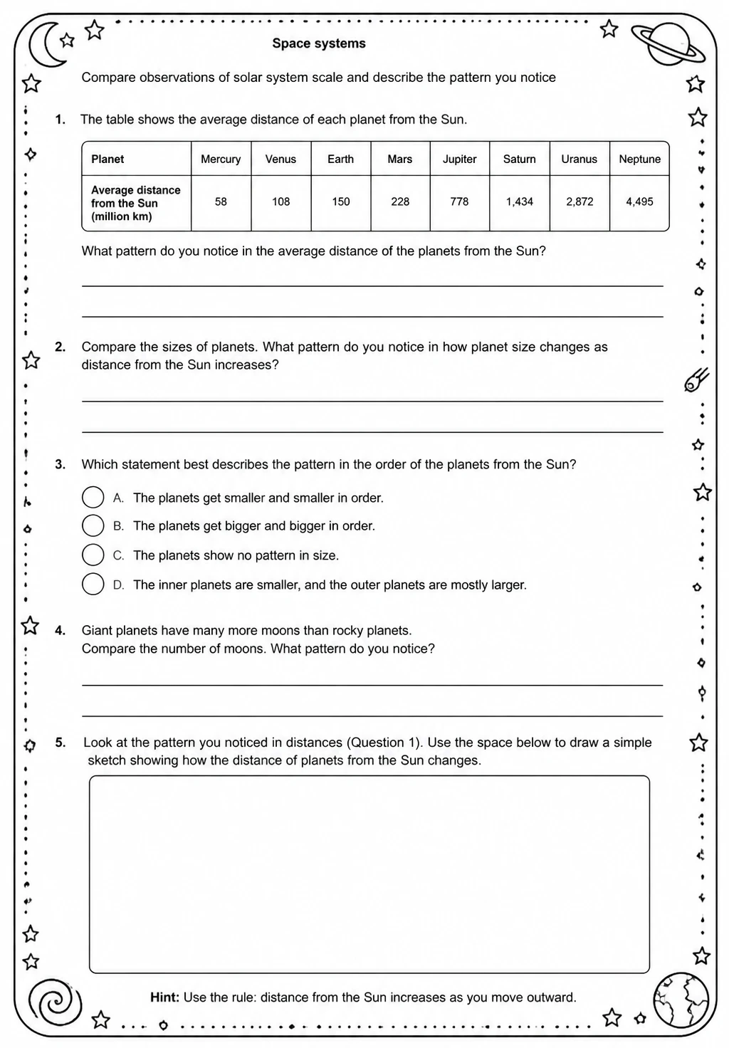 Compare observations of solar system scale and describe the pattern you notice