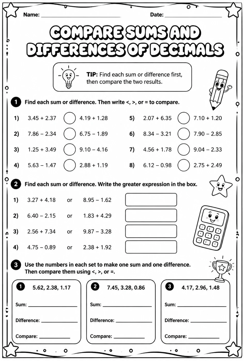 Compare sums and differences of decimals