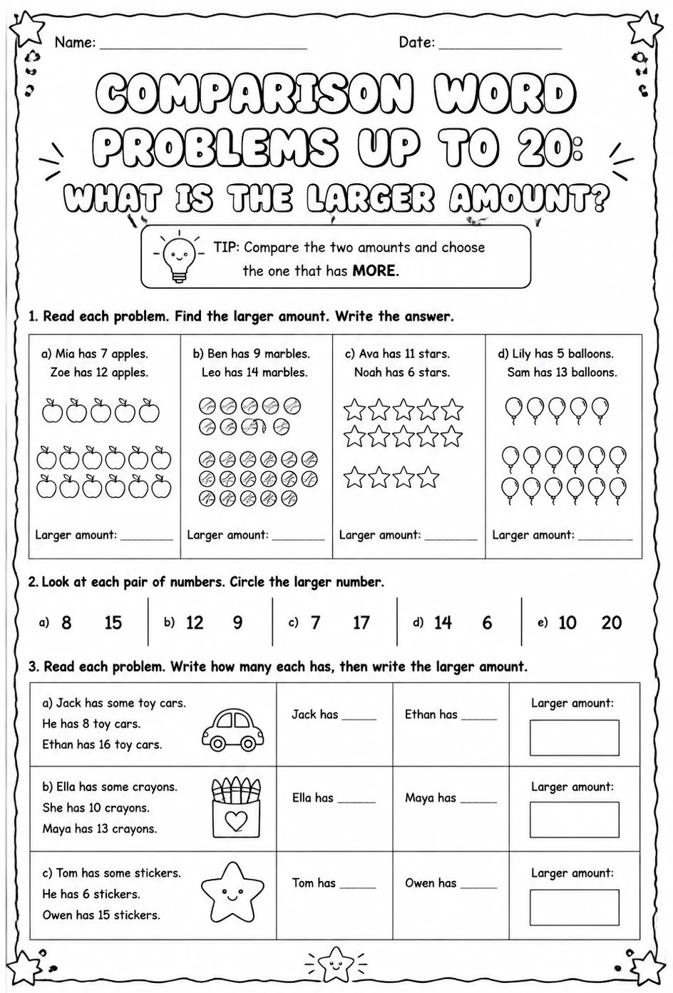 Comparison word problems up to 20: what is the larger amount?