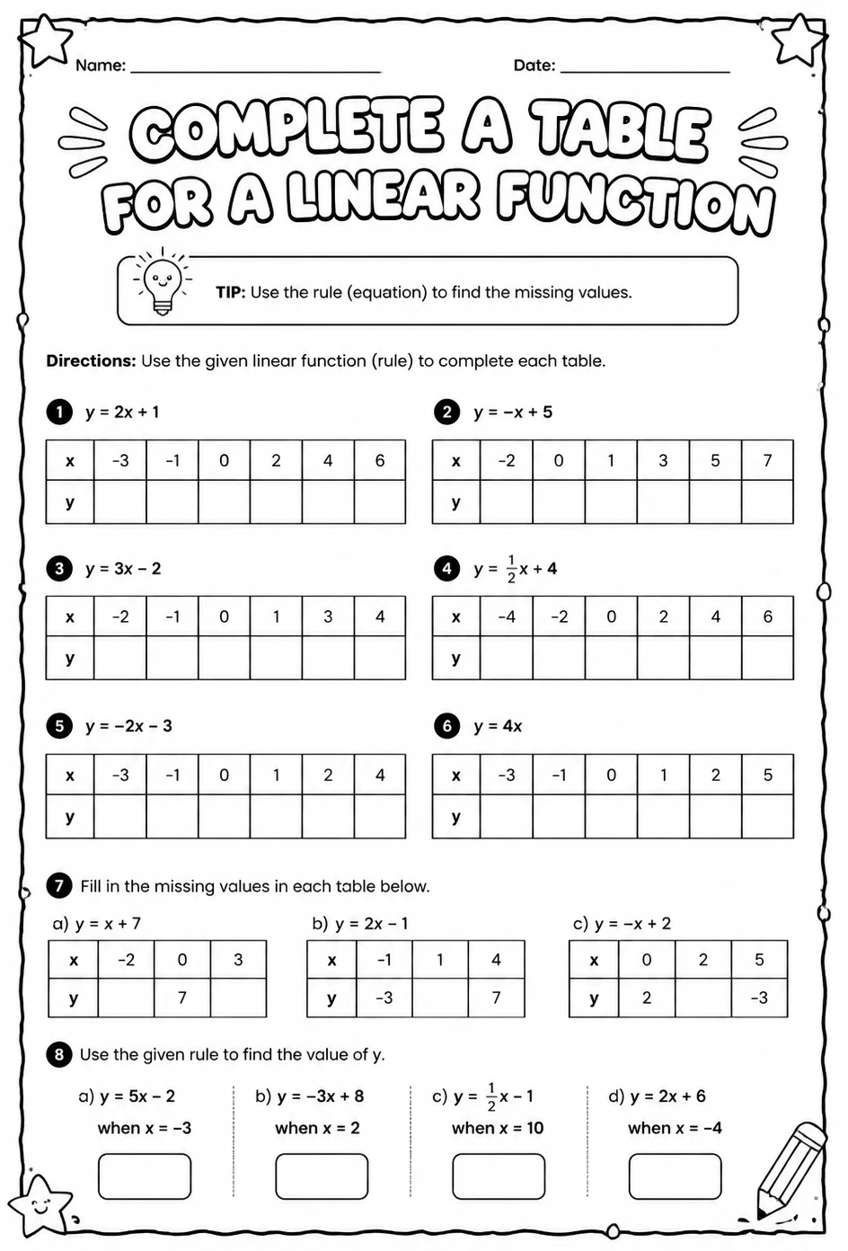 Complete a table for a linear function