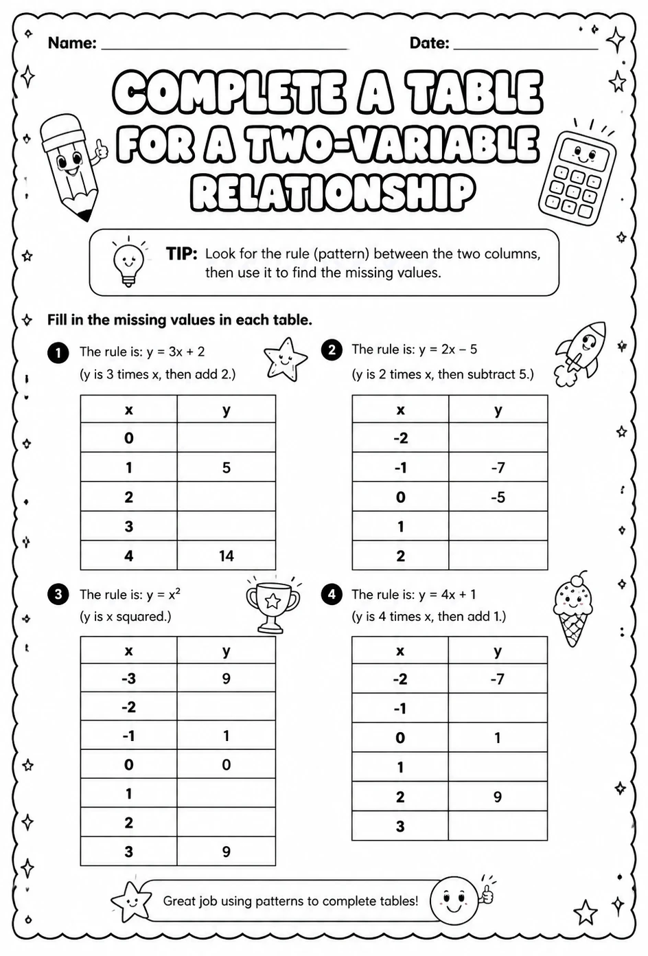 Complete a table for a two-variable relationship