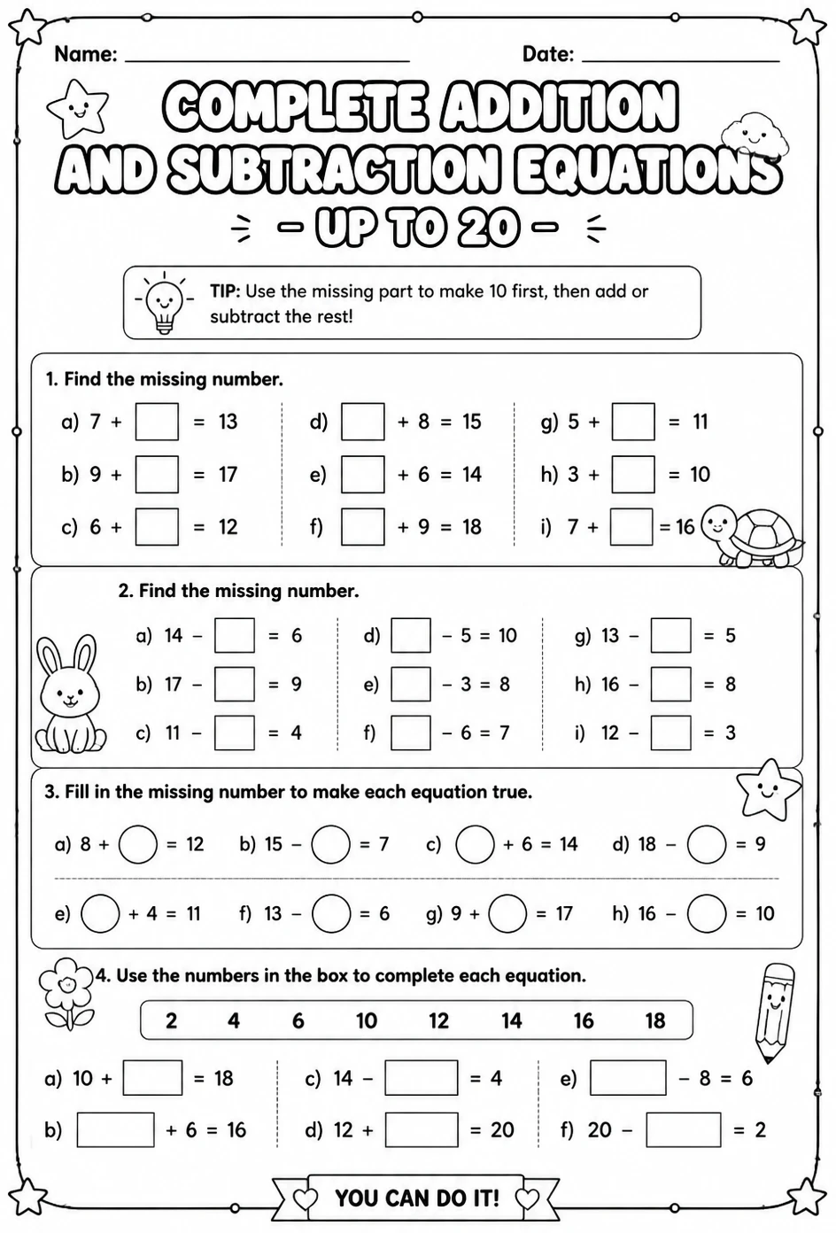 Complete addition and subtraction equations - up to 20
