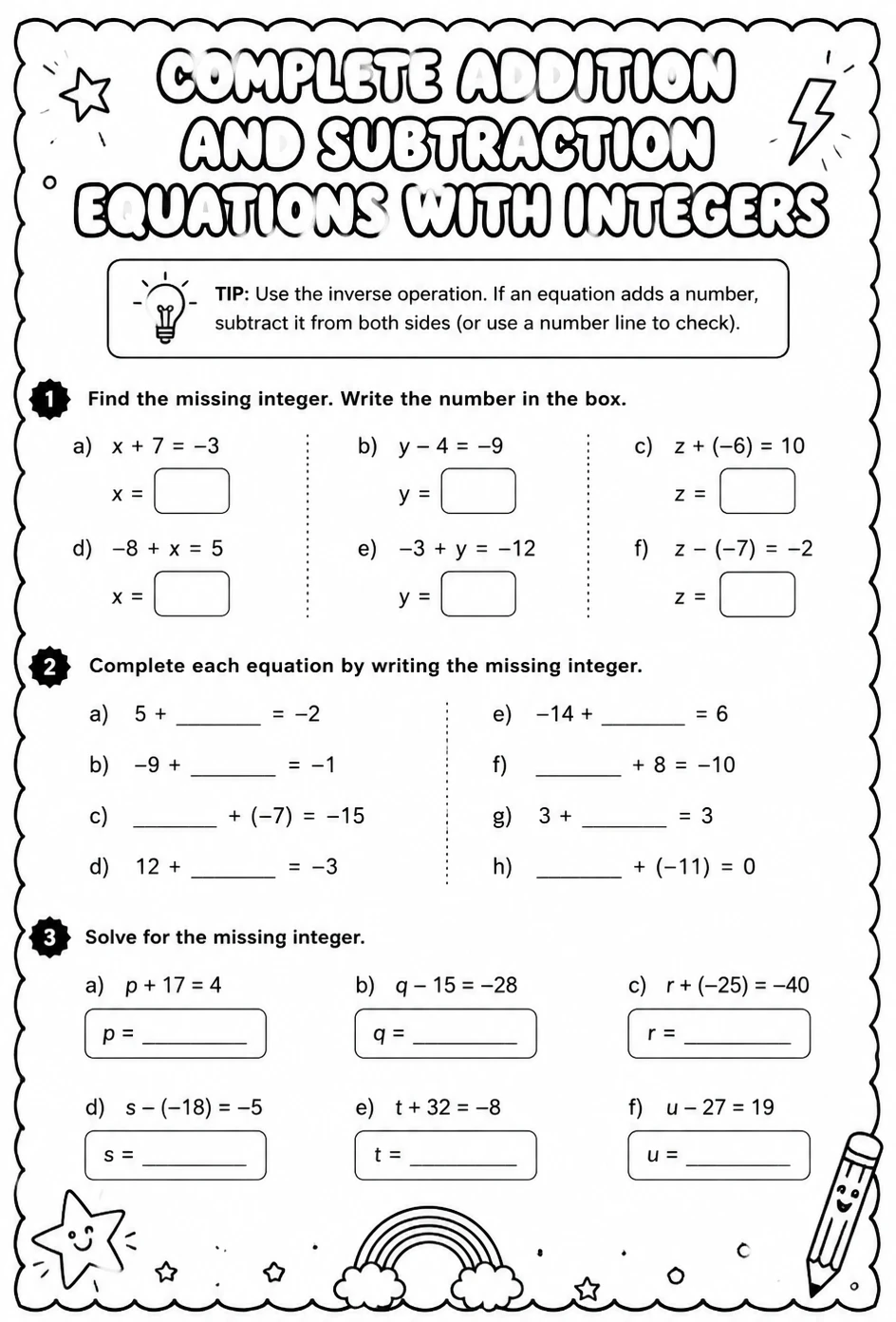 Complete addition and subtraction equations with integers