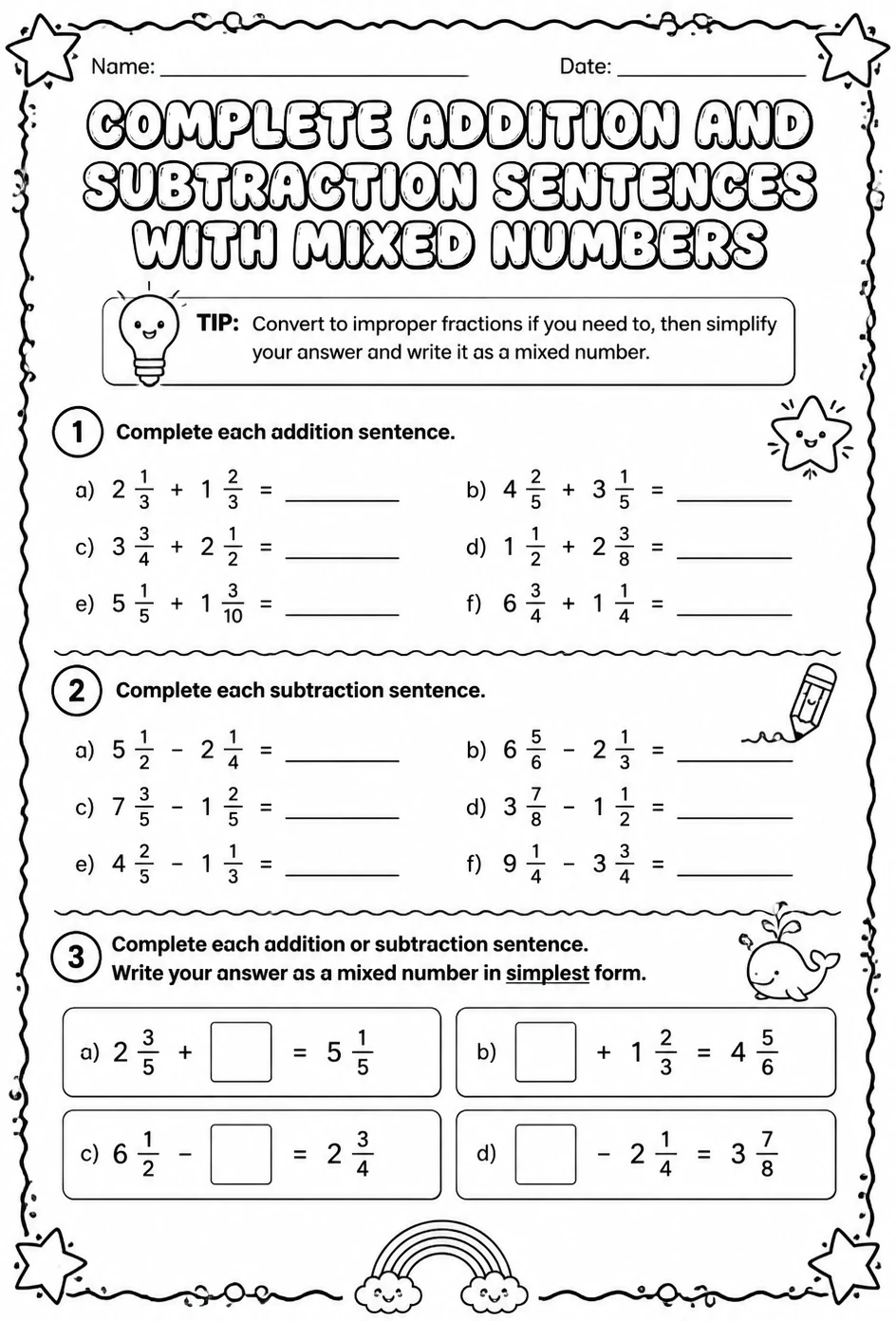 Complete addition and subtraction sentences with mixed numbers