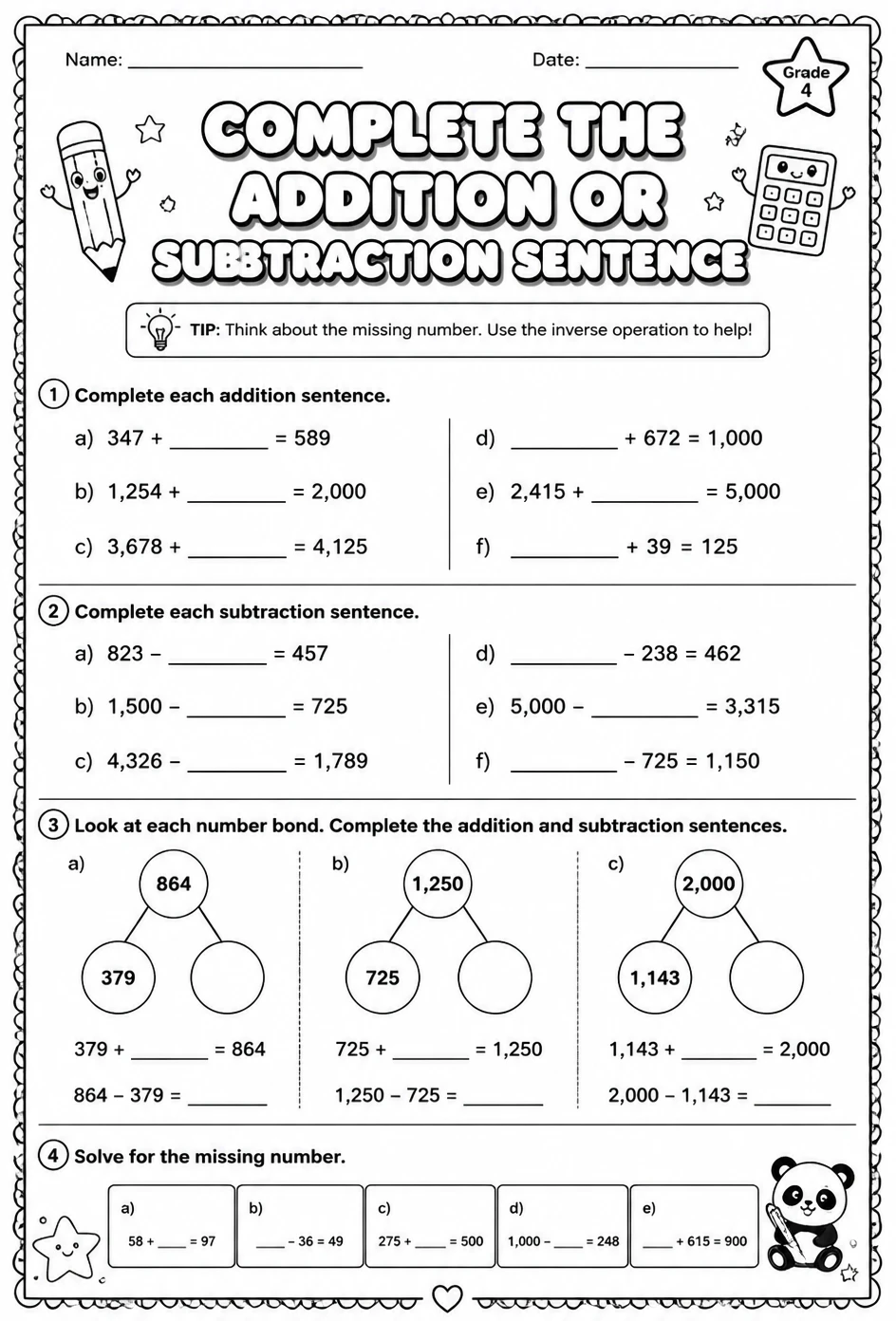 Complete the addition or subtraction sentence