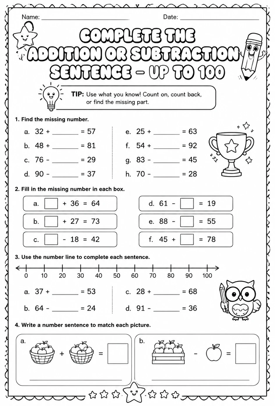 Complete the addition or subtraction sentence - up to 100