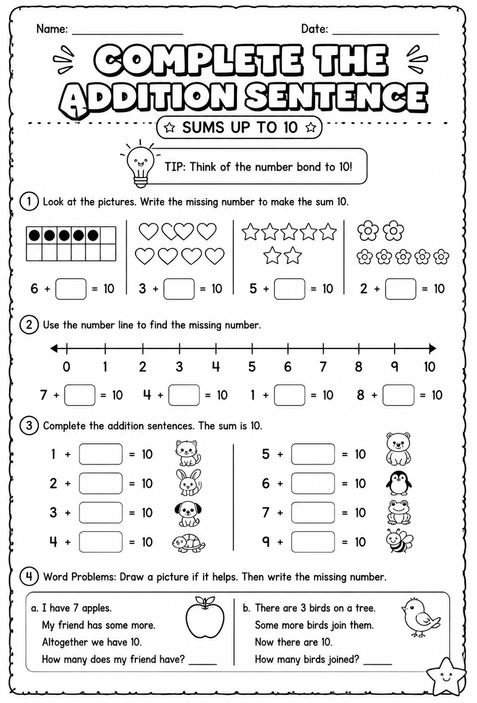 Complete the addition sentence - sums up to 10